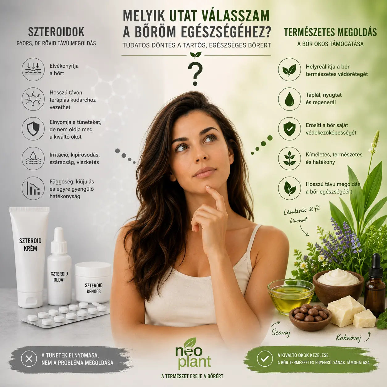 Összehasonlító NEOPLANT infografika a szteroidos kezelések és a természetes megoldások között. A grafikán egy gondolkodó nő látható: a bal oldalon a szteroid krémek hátrányai (bőrelvékonyodás, irritáció), a jobb oldalon pedig a lándzsás útifű kivonat, a seavaj és a kakaóvaj bőrbarrier-helyreállító és bőrnyugtató hatásai szerepelnek.
