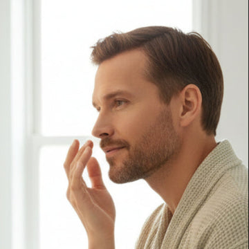 Morning skincare routine – man applying natural neoplant face cream for sensitive skin.