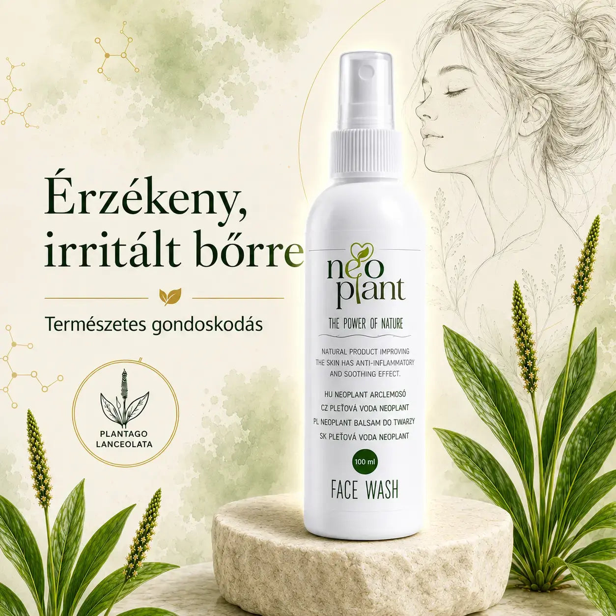 Neoplant arclemosó spray érzékeny, irritált bőrre Plantago Lanceolata lándzsás útifű kivonattal