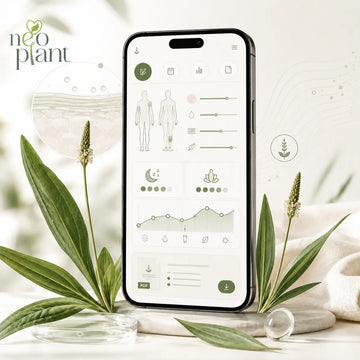 Neoplant bőr-fellángolási térkép mobilos felülete útifű növényekkel, tünetkövetéssel és PDF-jelentés funkcióval