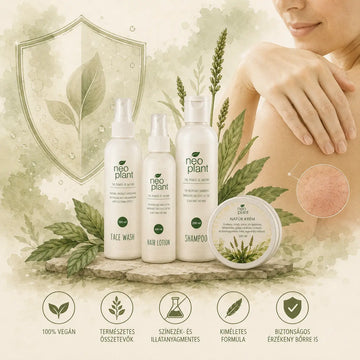 NeoPlant natúr kozmetikum termékcsalád kő talpazaton: Face Wash arctisztító, Hair Lotion hajszesz, Shampoo sampon és Natúr Krém száraz bőrre, háttérben zöld növényi pajzzsal és tisztasági ikonokkal.