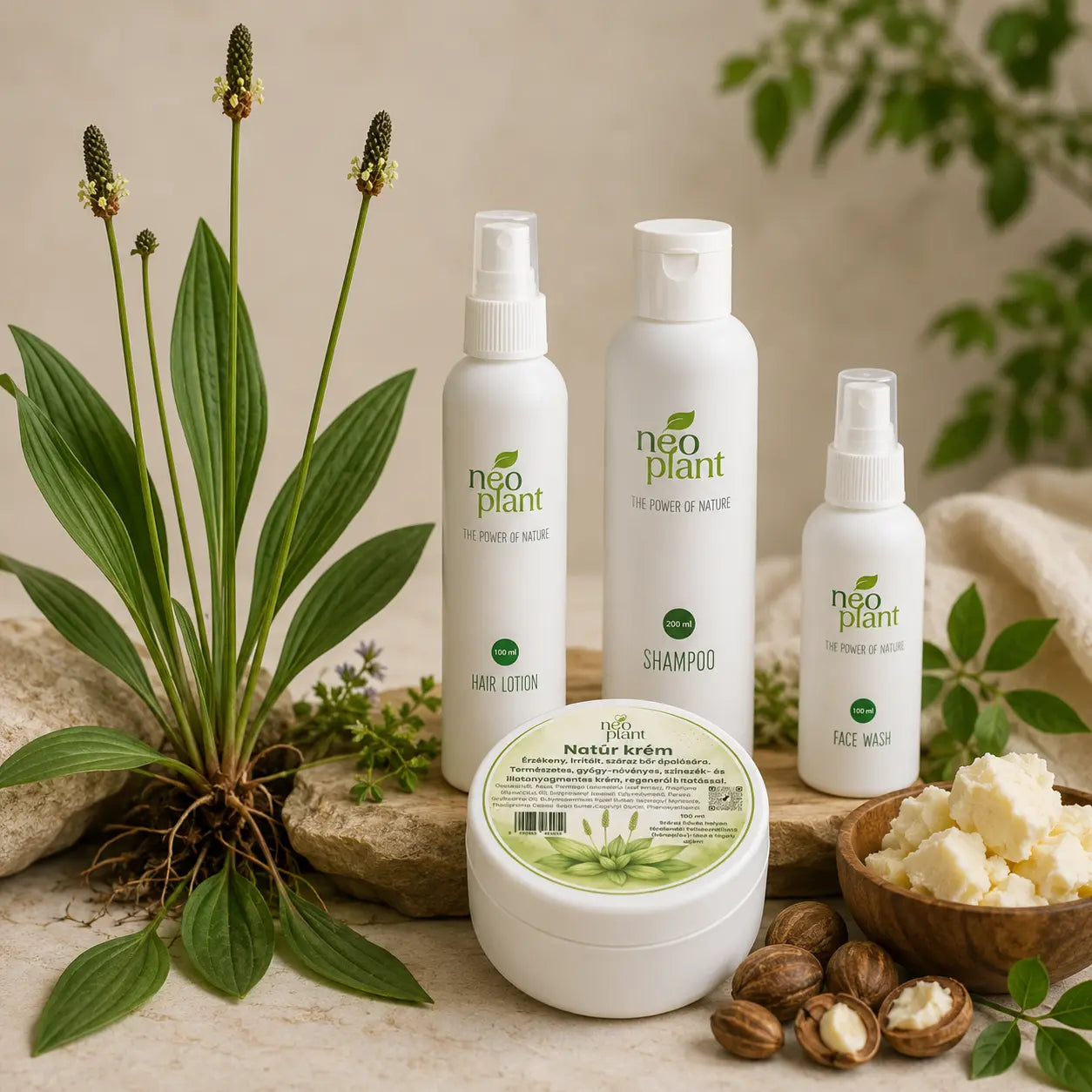 Neoplant natural skincare collection featuring Plantago lanceolata cream, shampoo, hair lotion and face wash with botanical ingredients for healthy skin and scalp.