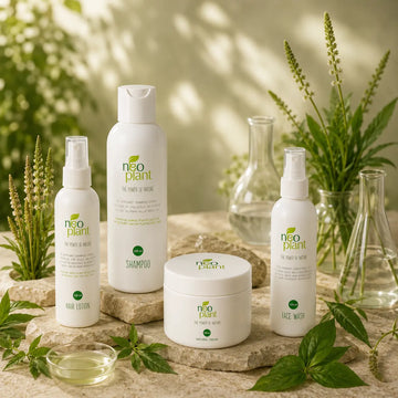 Neoplant natural skincare collection featuring Plantago lanceolata cream, shampoo, hair lotion and face wash with botanical ingredients for healthy skin and scalp.