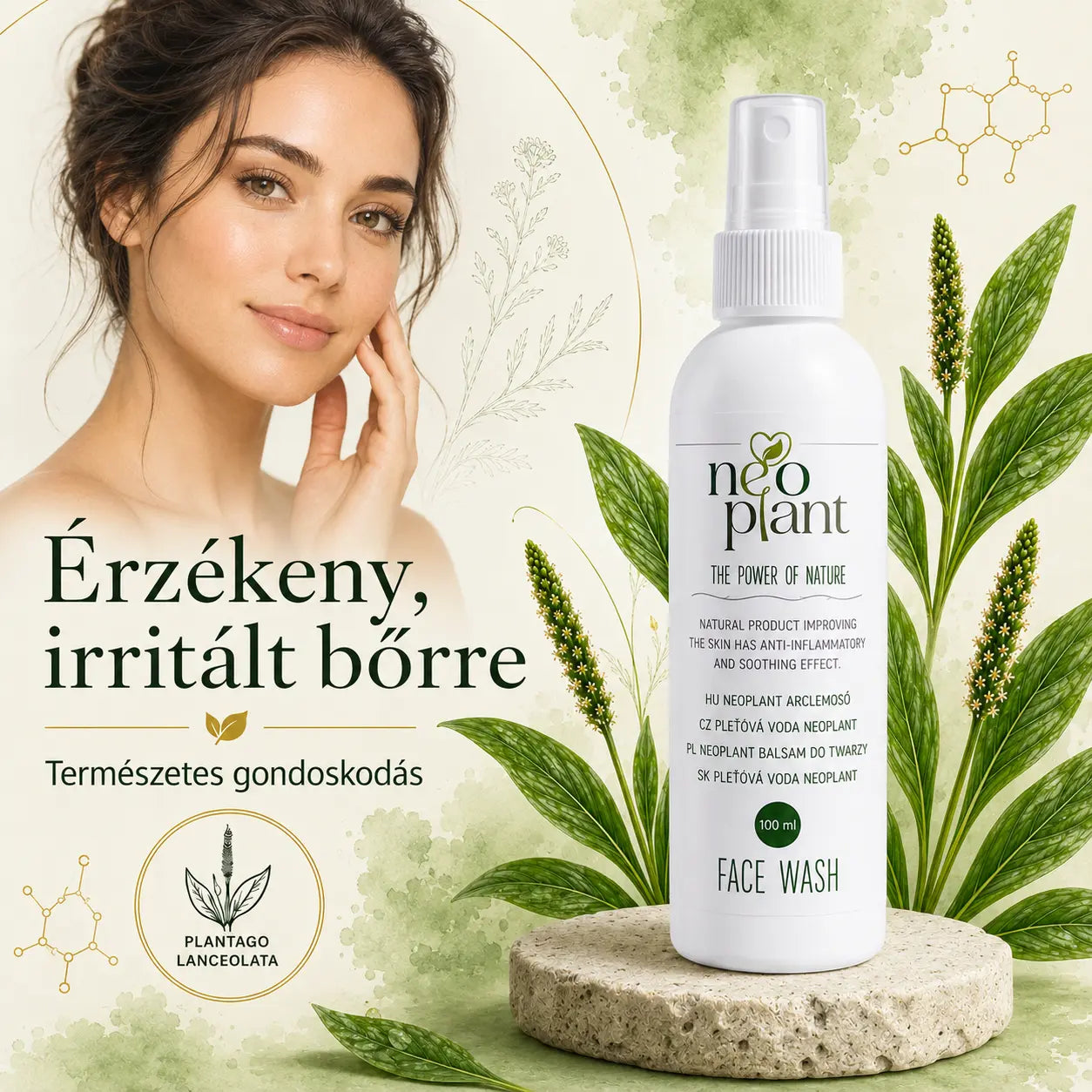Neoplant arclemosó spray érzékeny, irritált bőrre Plantago Lanceolata lándzsás útifű kivonattal